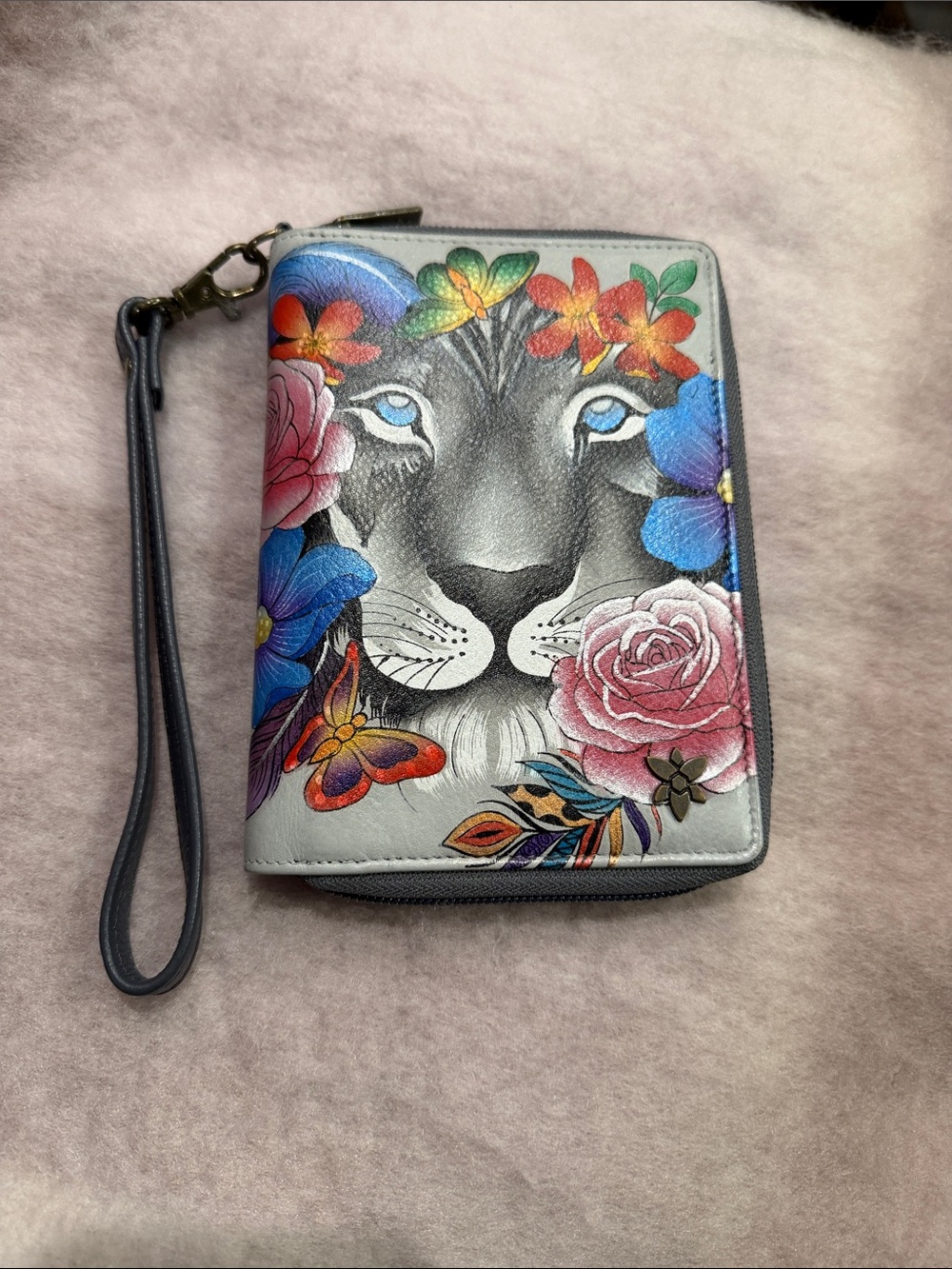 Anuschka Hand-Painted Lion Floral Wristlet in Blue, Pink, Orange, Green, Cream - Picture 2 of 7